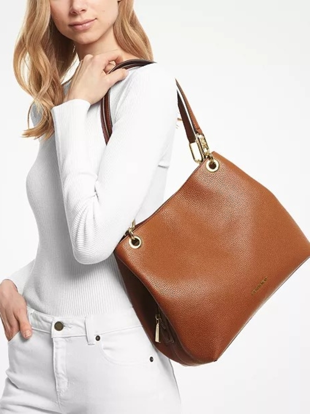MICHAEL Michael Kors Brown Pebbled Leather Shoulder Tote with Gold Hardware